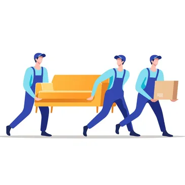Three cartoon figures carrying a sofa and a box.