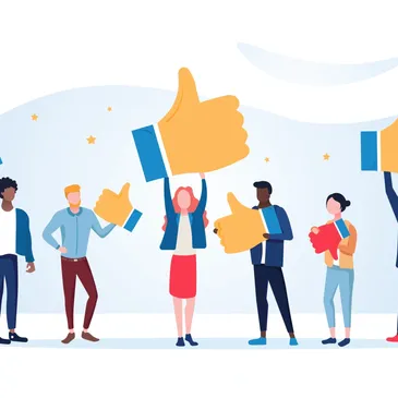 Cartoon people holding large hands with thumbs up.