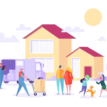 A cartoon family in front of a house with a van outside and people loading things into the van.