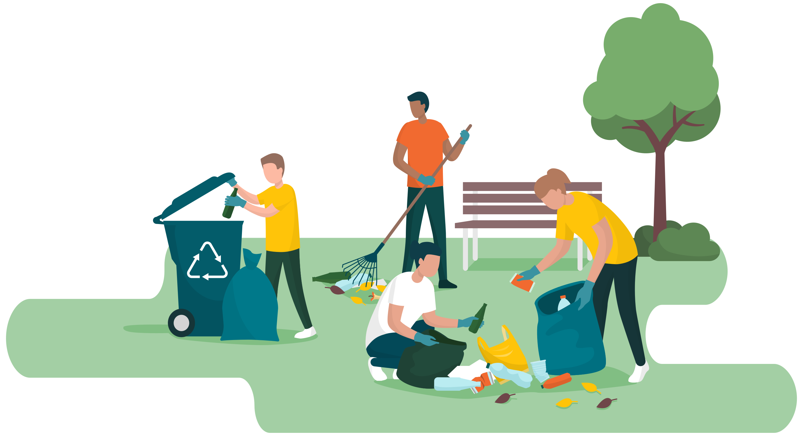 Four cartoon people clearing up a garden.