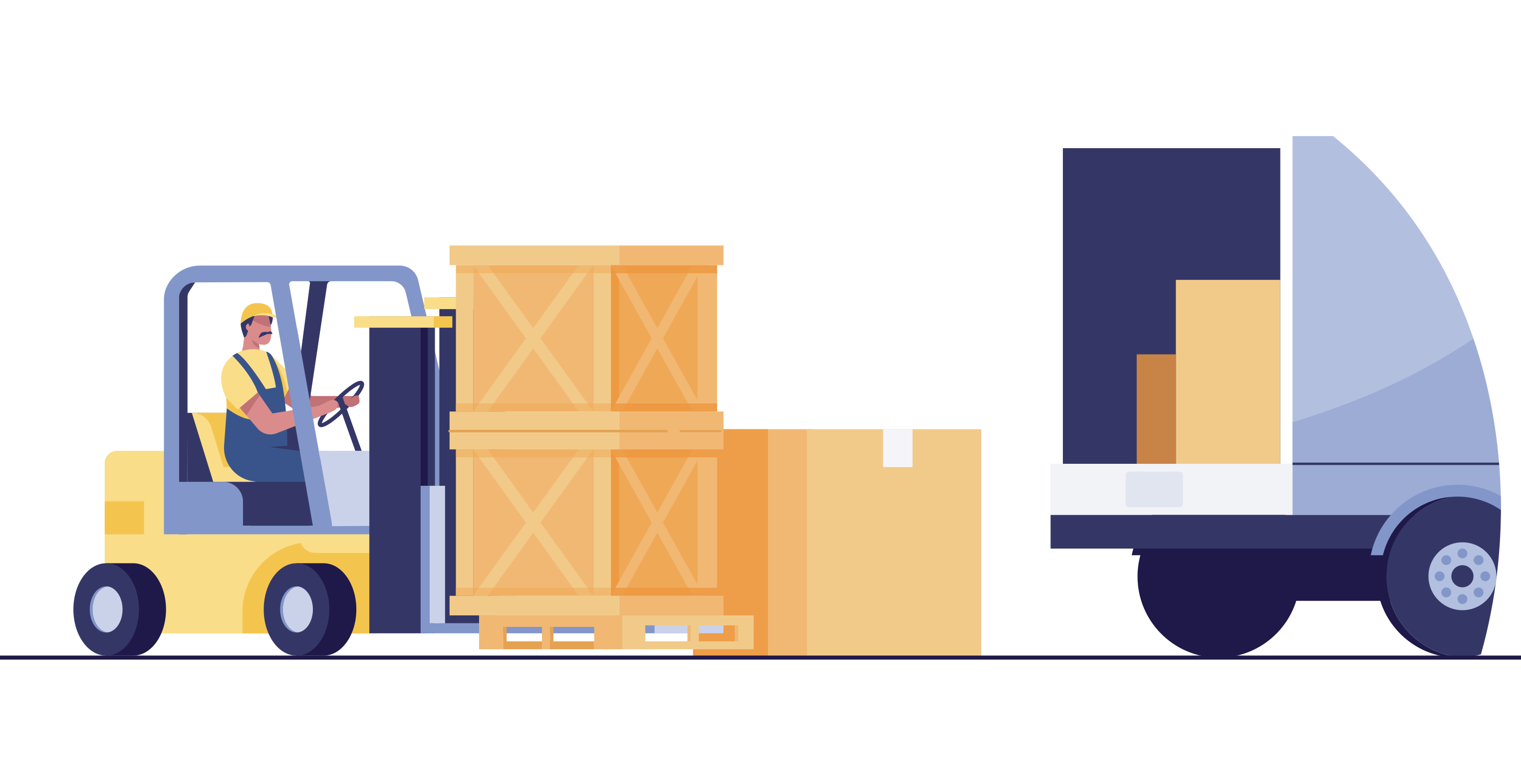 A cartoon person using a forklift to move boxes into a lorry.