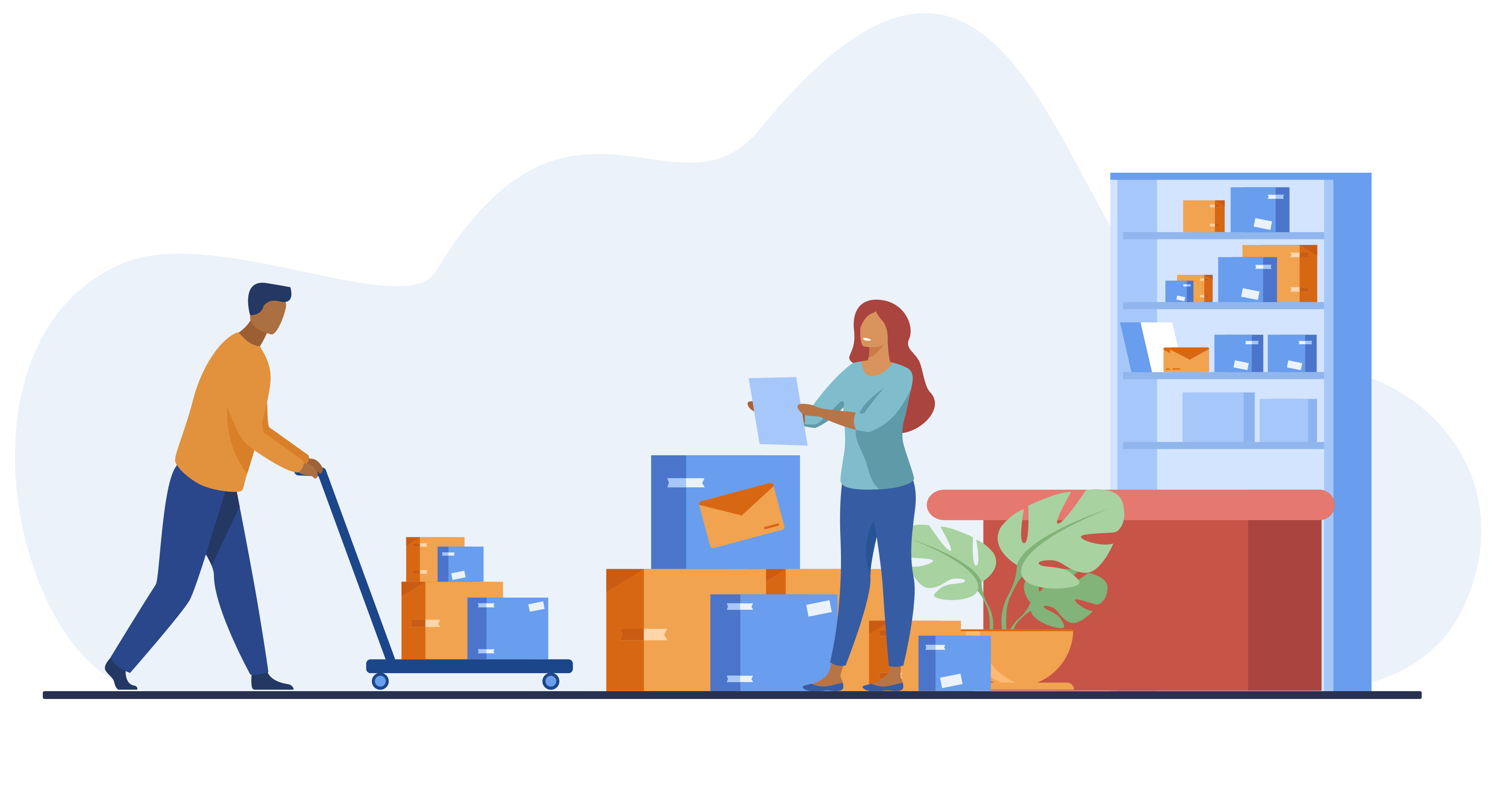 Two cartoon people moving office items using a trolley.