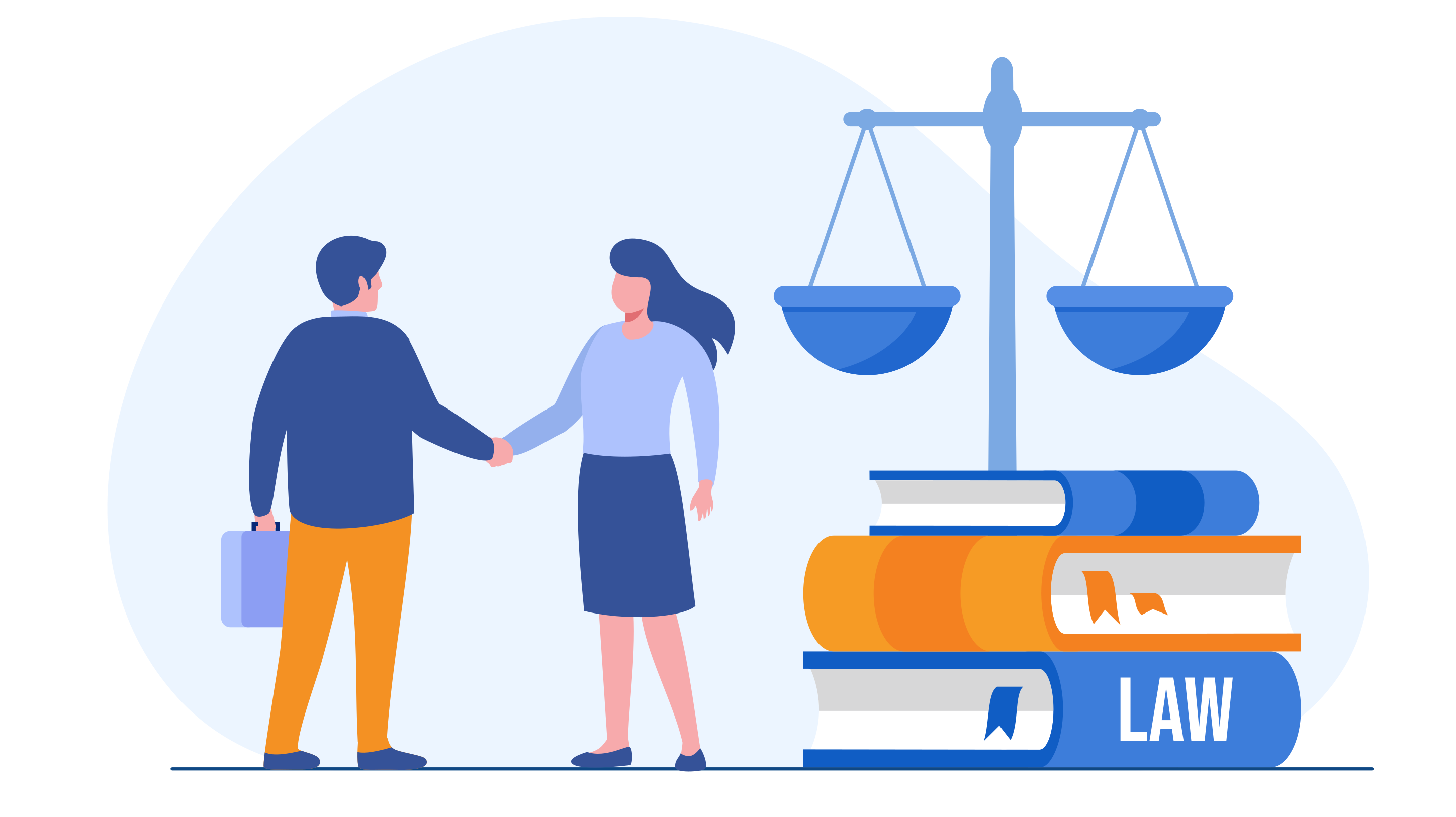 Two cartoon people shaking hands next to a set of large scales.